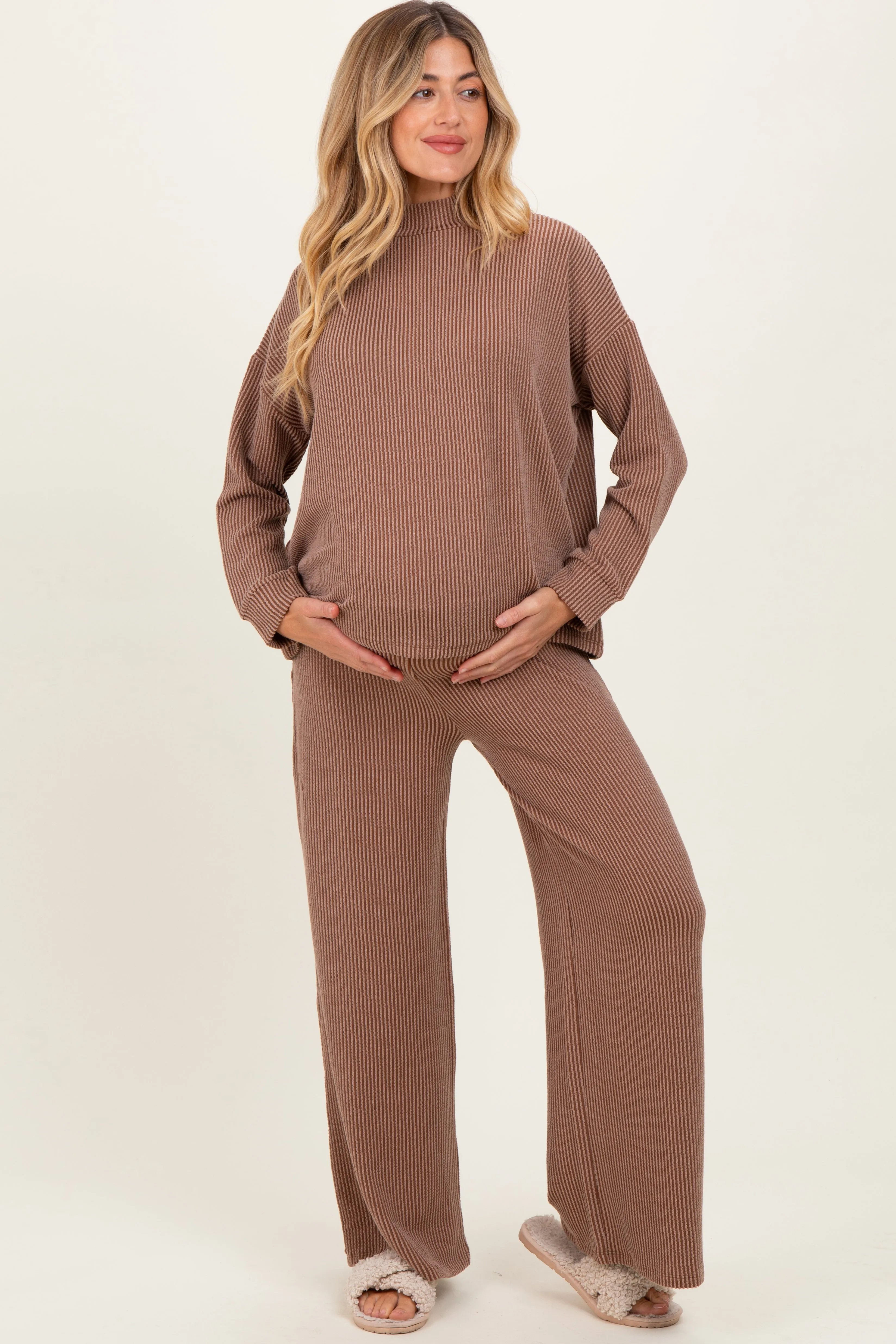 Mocha Textured Rib Mock Neck Long Sleeve Pants Maternity Set sold by Pinkblush