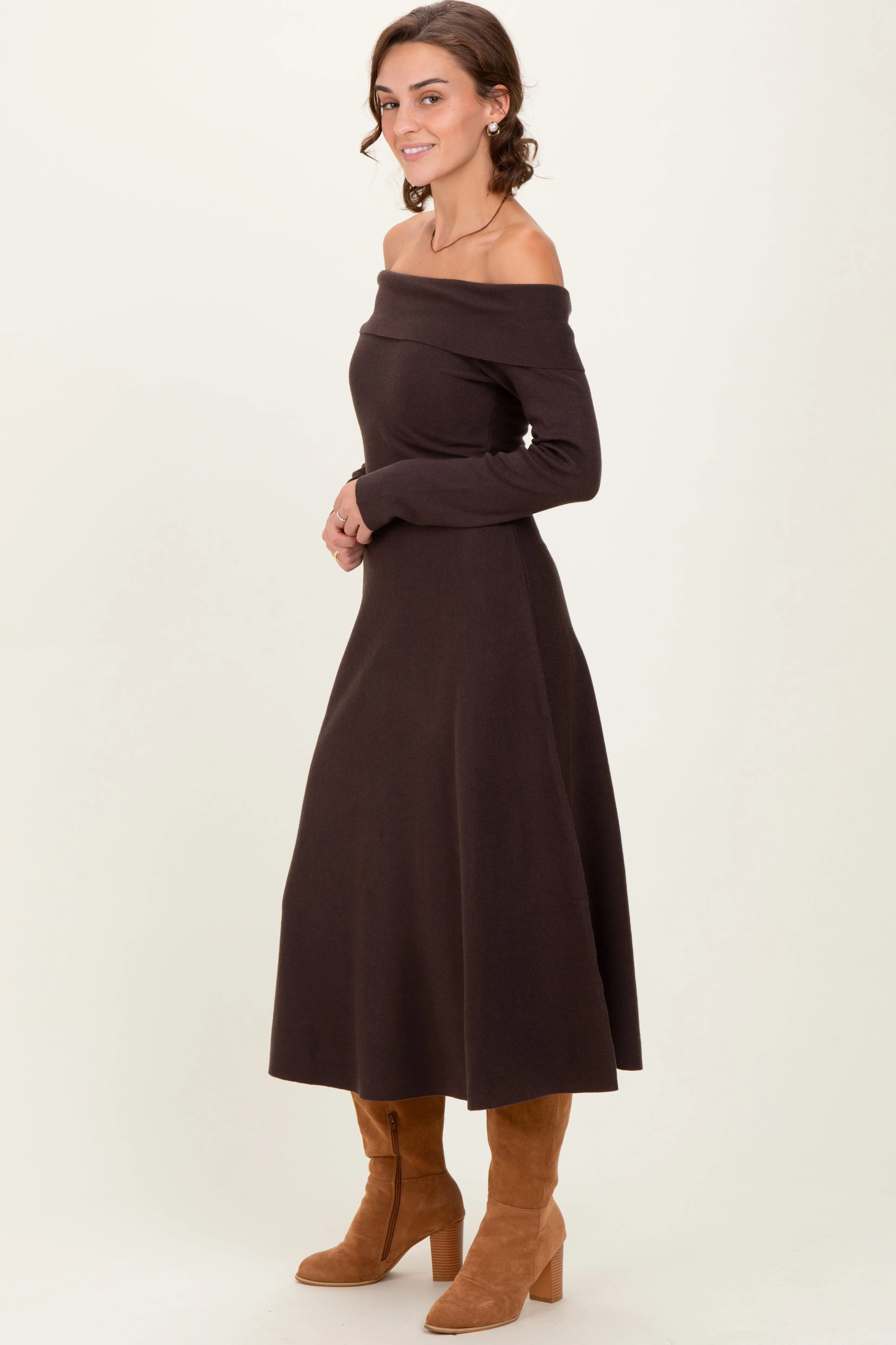 Brown Off Shoulder Sweater Midi Dress sold by Pinkblush product image thumbnail 3