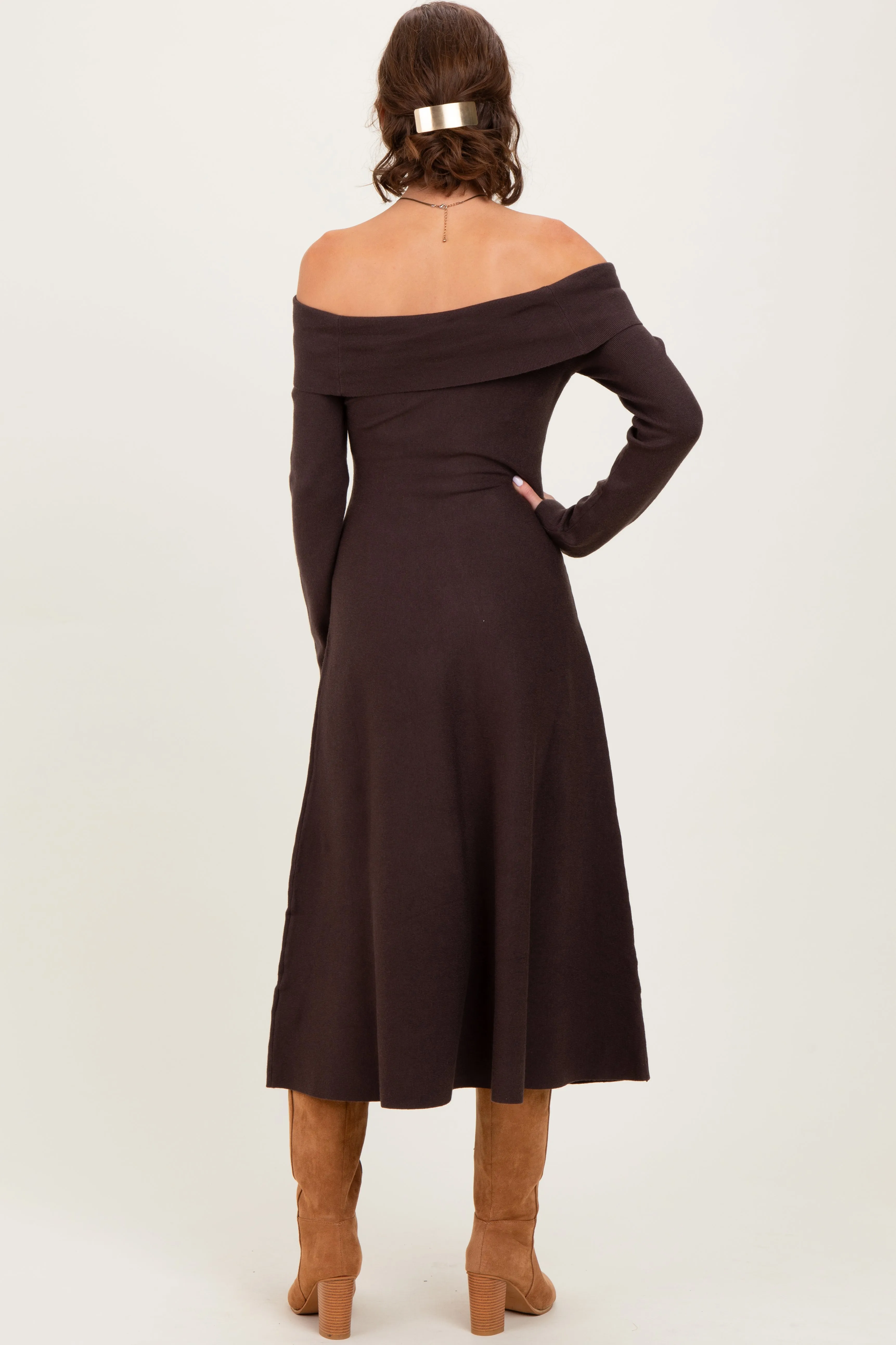 Brown Off Shoulder Sweater Midi Dress sold by Pinkblush product image thumbnail 4