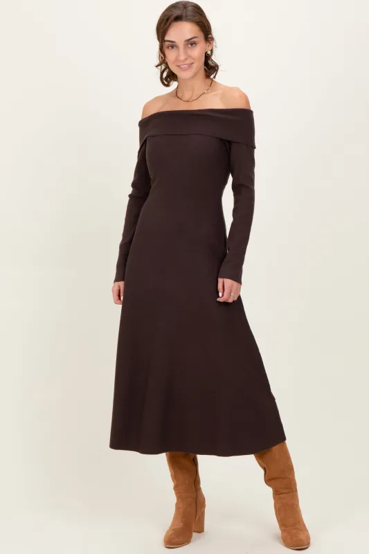 Brown Off Shoulder Sweater Midi Dress sold by Pinkblush