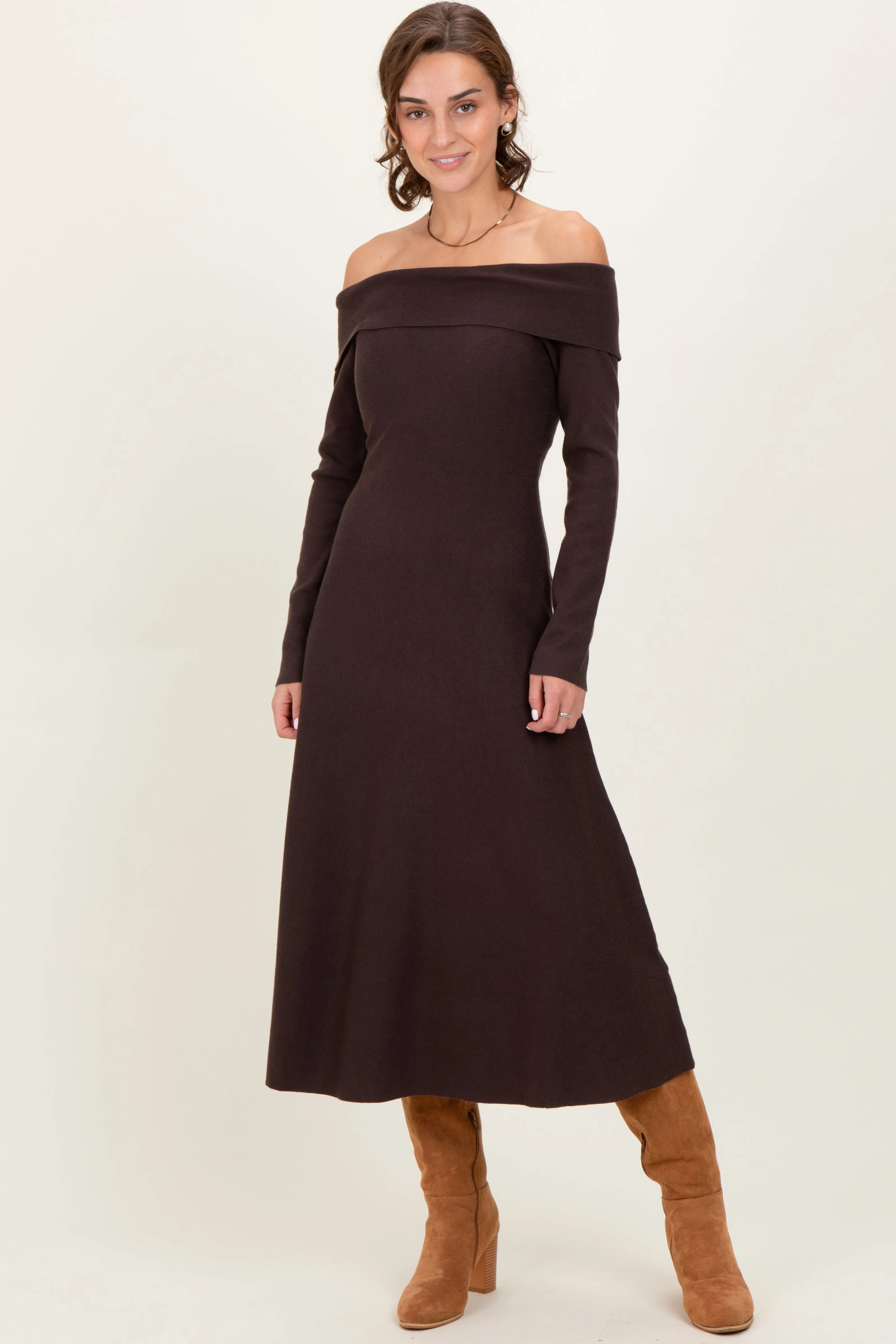 Brown Off Shoulder Sweater Midi Dress sold by Pinkblush