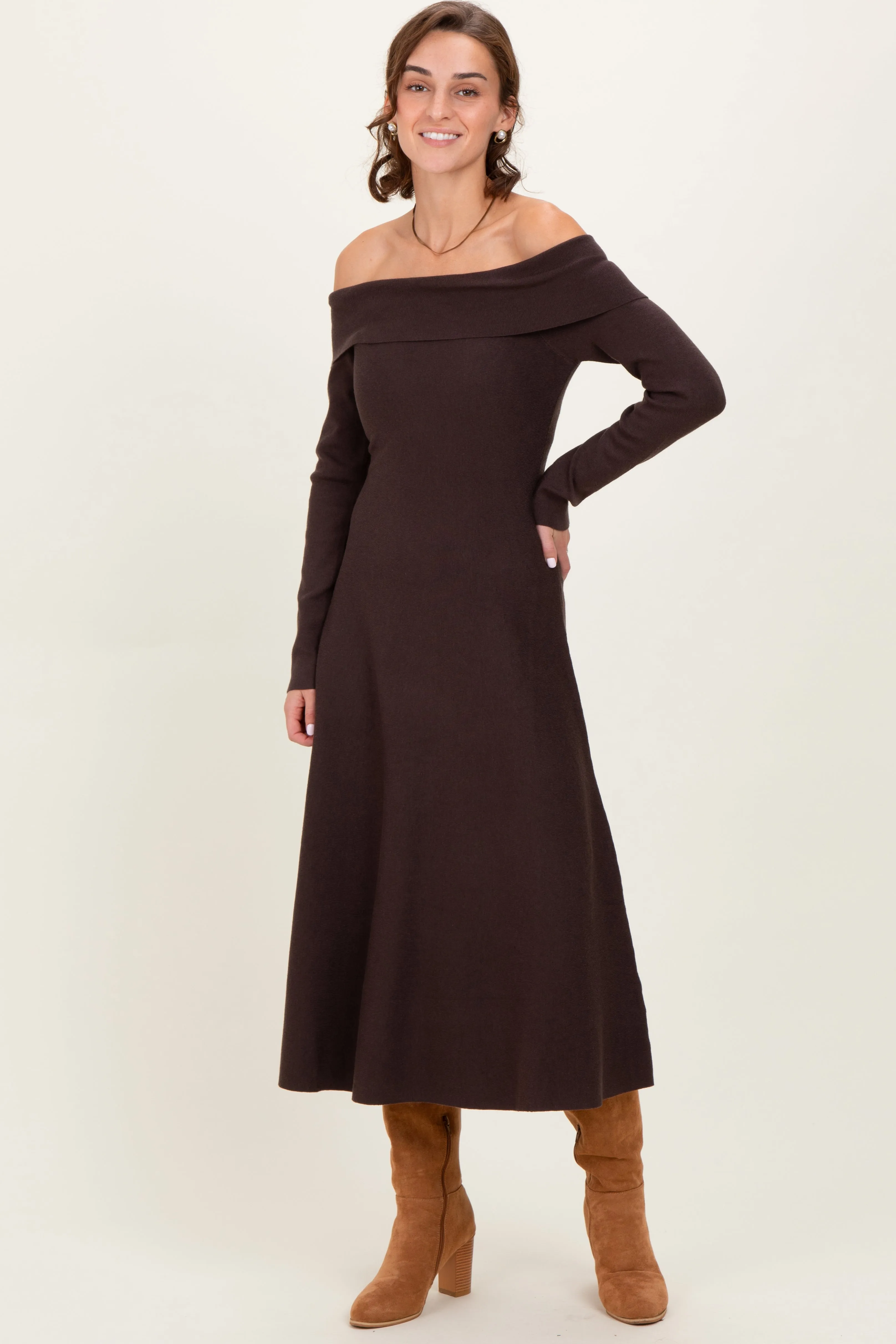 Brown Off Shoulder Sweater Midi Dress sold by Pinkblush product image thumbnail 2