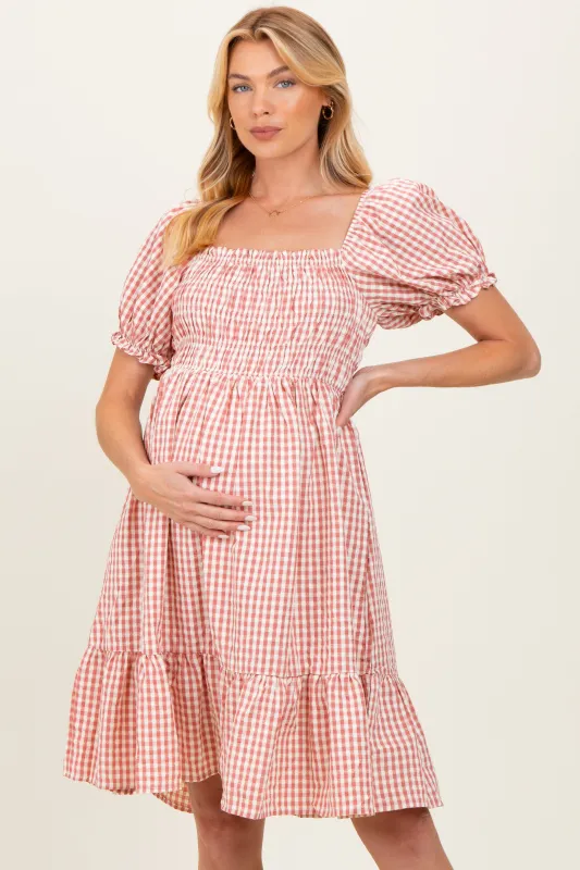 Rust Gingham Smocked Puff Sleeve Maternity Dress sold by Pinkblush