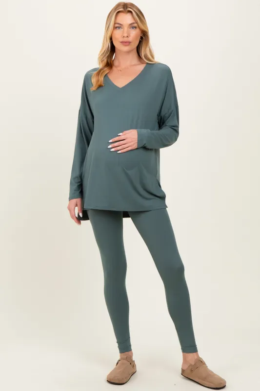 Olive Brushed Knit Maternity Oversized Top and Legging Set sold by Pinkblush
