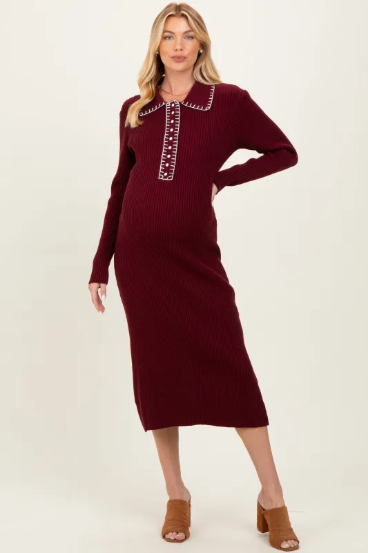 Burgundy Contrast Stitch Maternity Midi Sweater Dress sold by Pinkblush