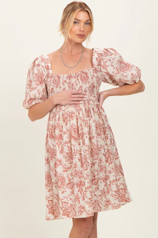 Rust Floral Smocked Puff Sleeve Maternity Dress sold by Pinkblush