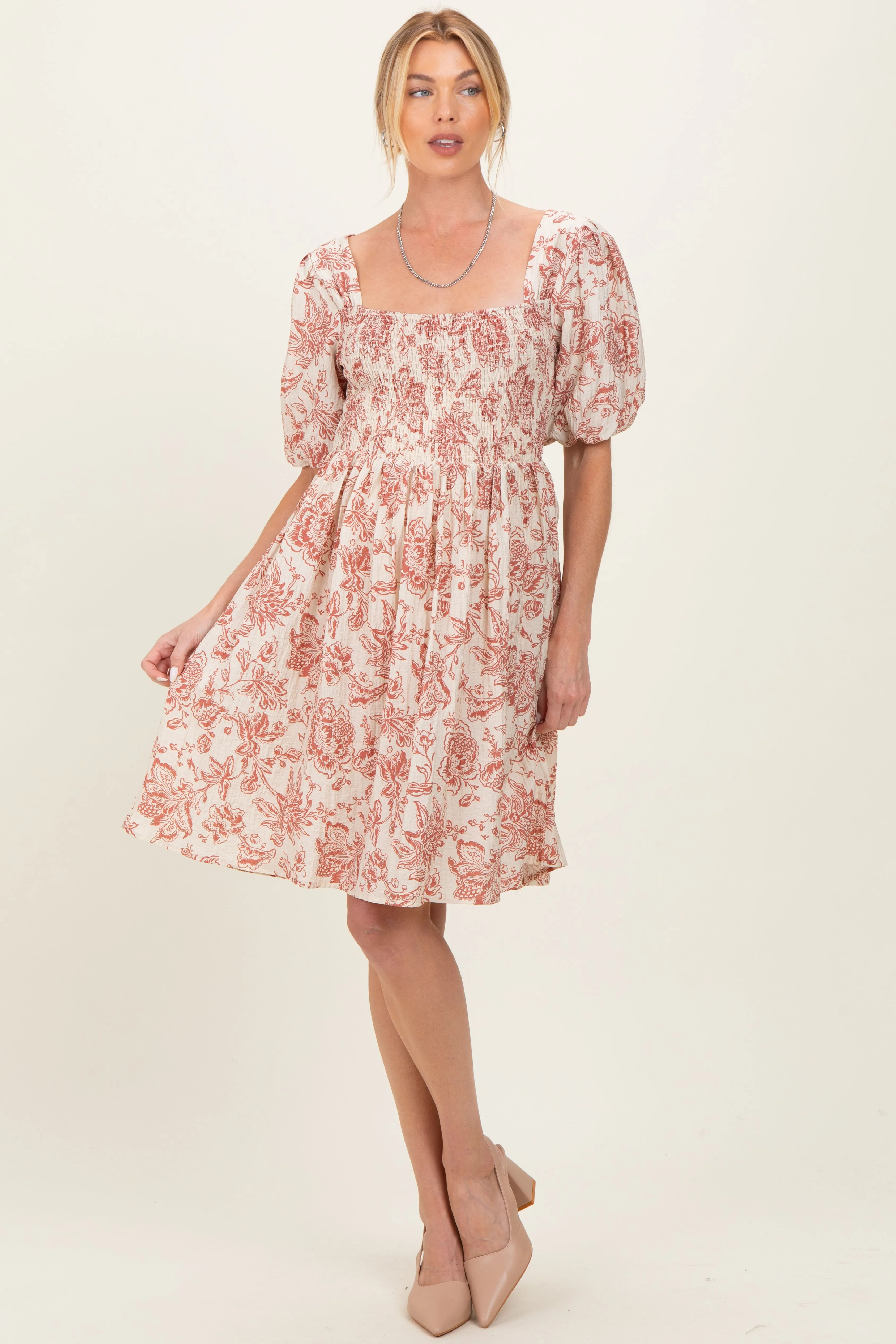 Rust Floral Smocked Puff Sleeve Maternity Dress sold by Pinkblush product image thumbnail 2