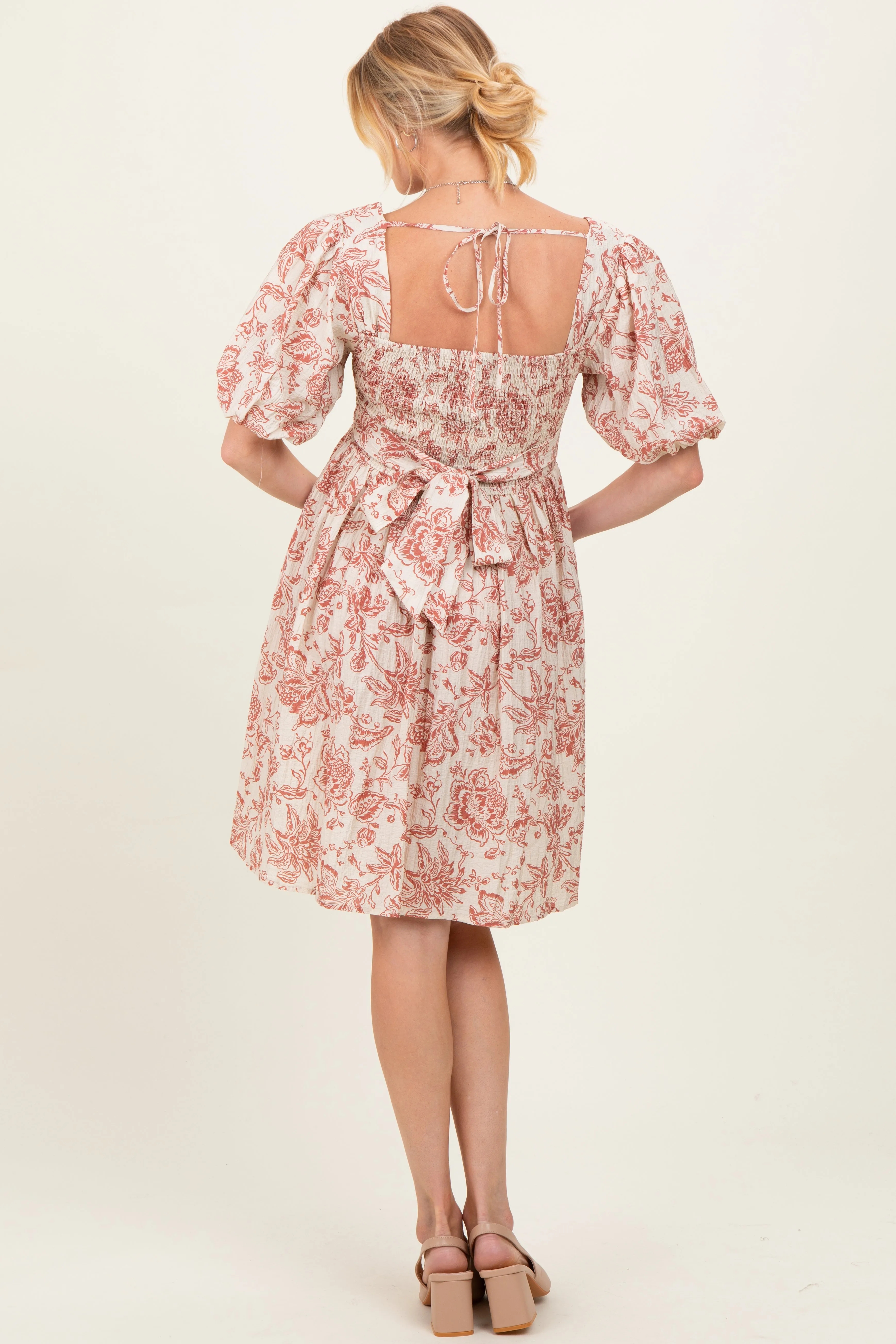Rust Floral Smocked Puff Sleeve Maternity Dress sold by Pinkblush product image thumbnail 3