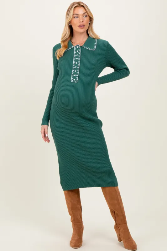 Forest Green Contrast Stitch Maternity Midi Sweater Dress sold by Pinkblush