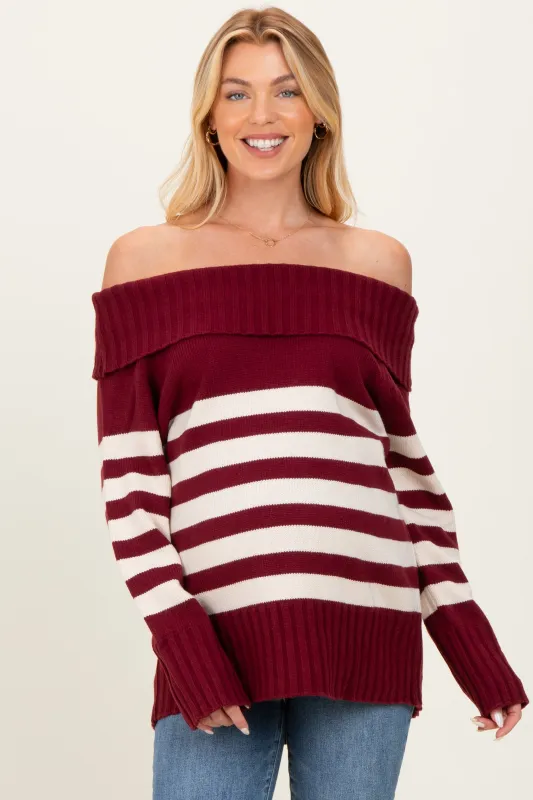Burgundy Striped Off Shoulder Maternity Sweater sold by Pinkblush
