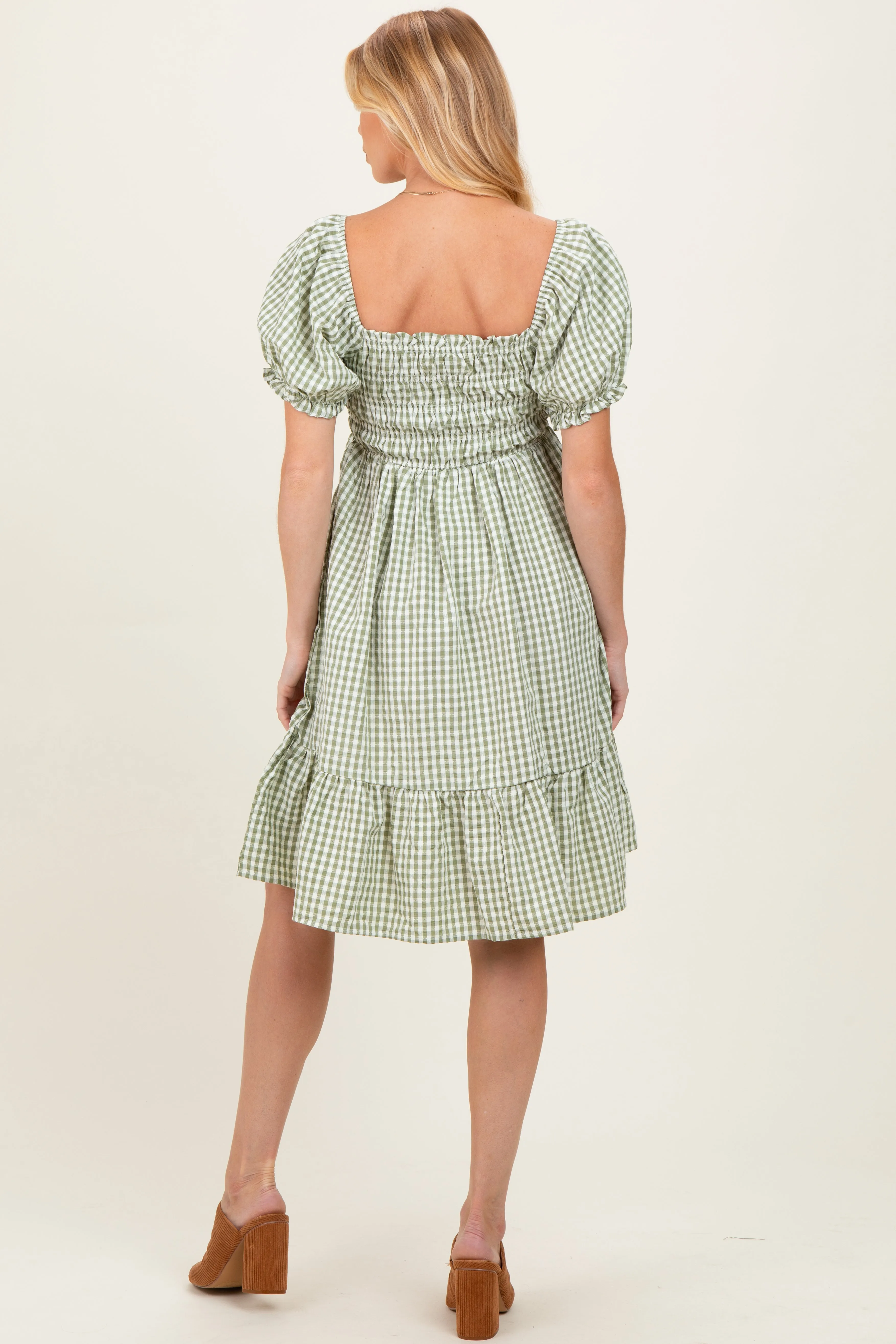 Light Olive Gingham Smocked Puff Sleeve Maternity Dress sold by Pinkblush product image thumbnail 4