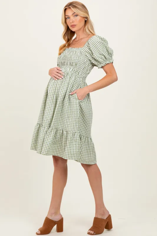 Light Olive Gingham Smocked Puff Sleeve Maternity Dress sold by Pinkblush