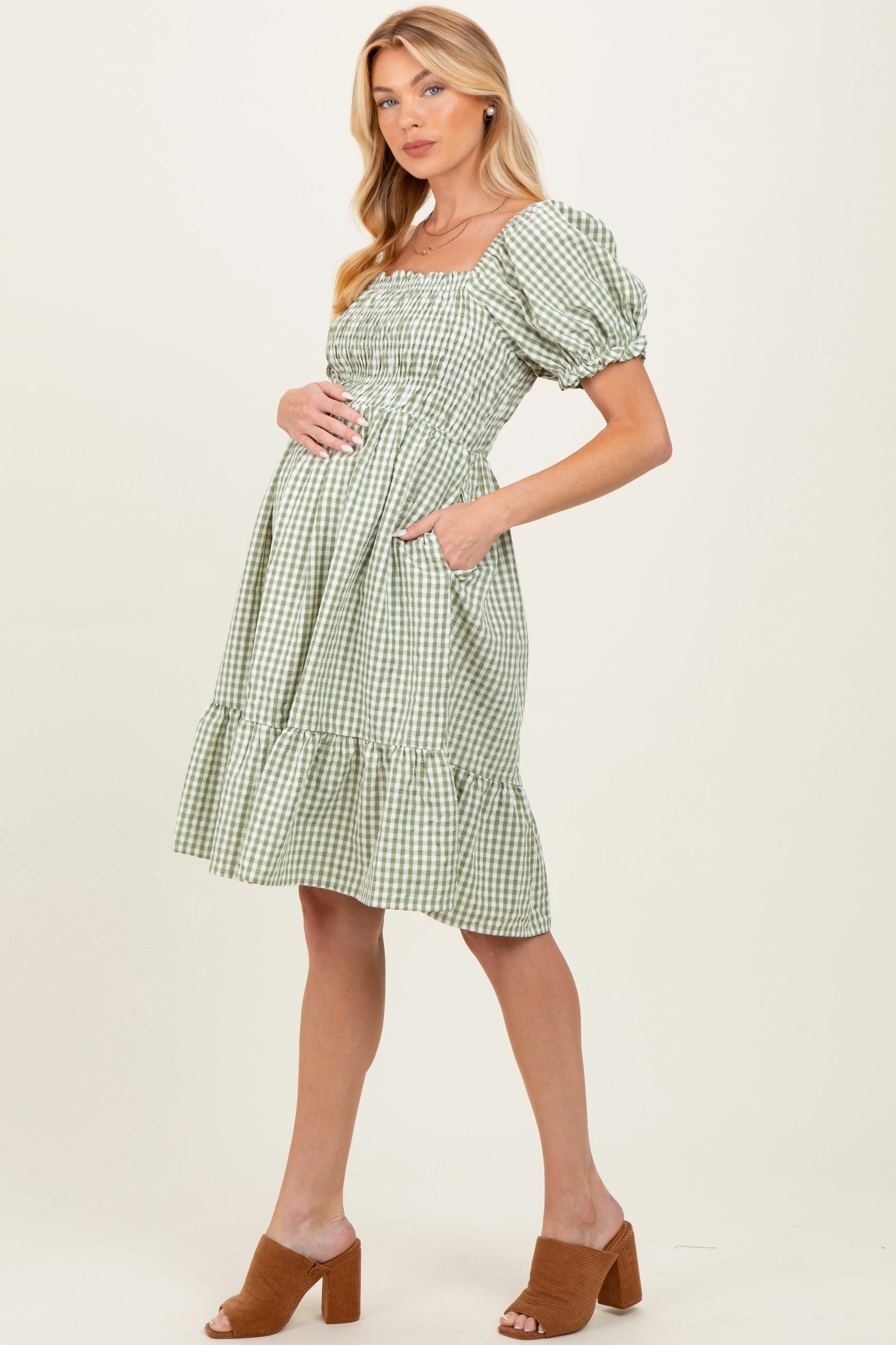 Light Olive Gingham Smocked Puff Sleeve Maternity Dress sold by Pinkblush