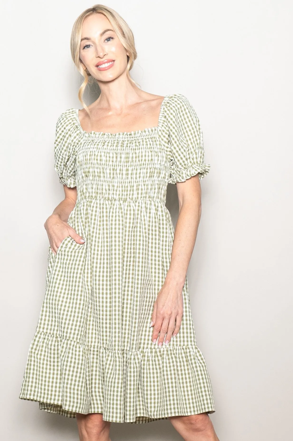 Light Olive Gingham Smocked Puff Sleeve Maternity Dress sold by Pinkblush product image thumbnail 5