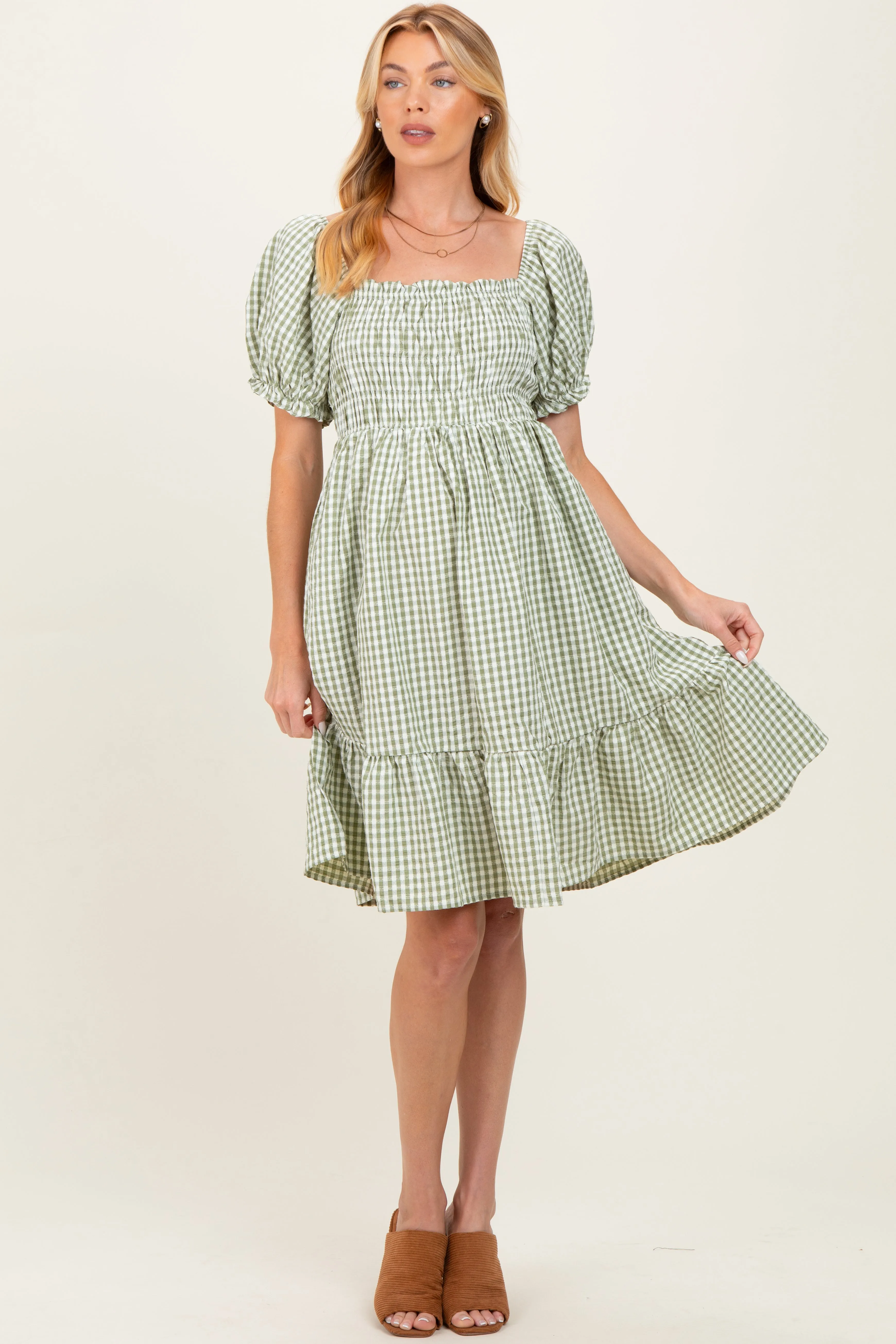 Light Olive Gingham Smocked Puff Sleeve Maternity Dress sold by Pinkblush product image thumbnail 3