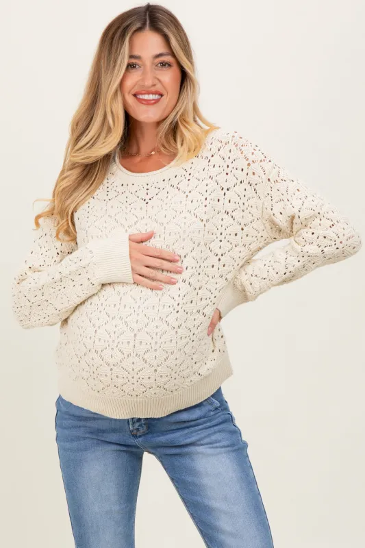 Cream Crochet Knit Drop Shoulder Maternity Sweater sold by Pinkblush