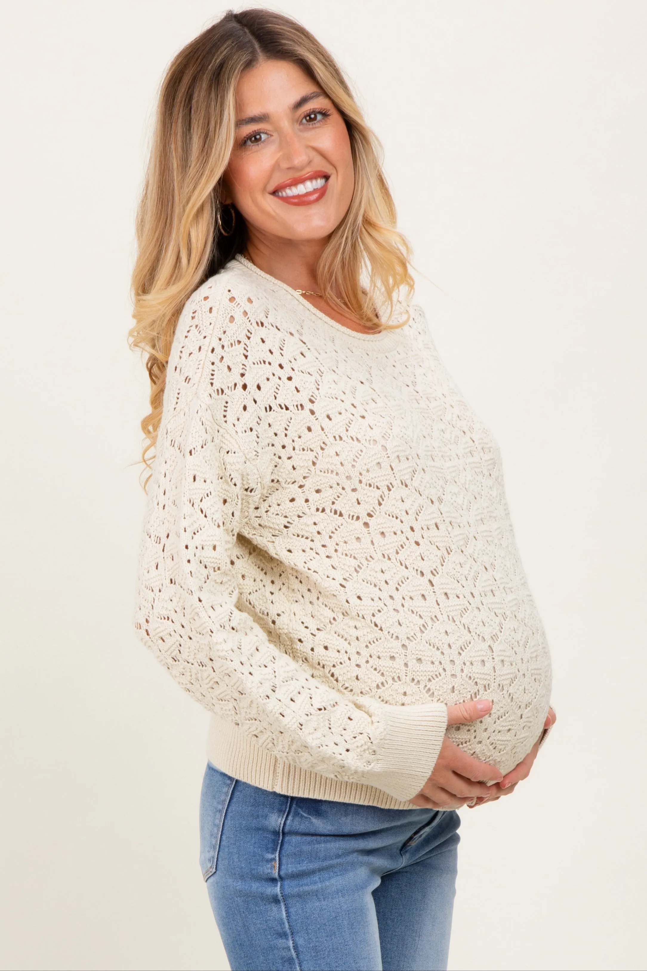 Cream Crochet Knit Drop Shoulder Maternity Sweater sold by Pinkblush product image thumbnail 3