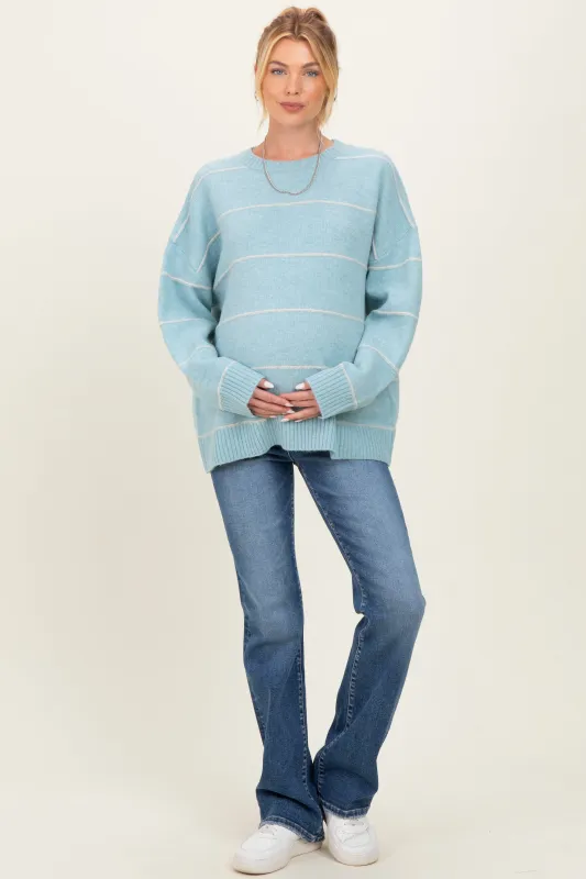 Light Blue Striped Drop Shoulder Maternity Sweater sold by Pinkblush