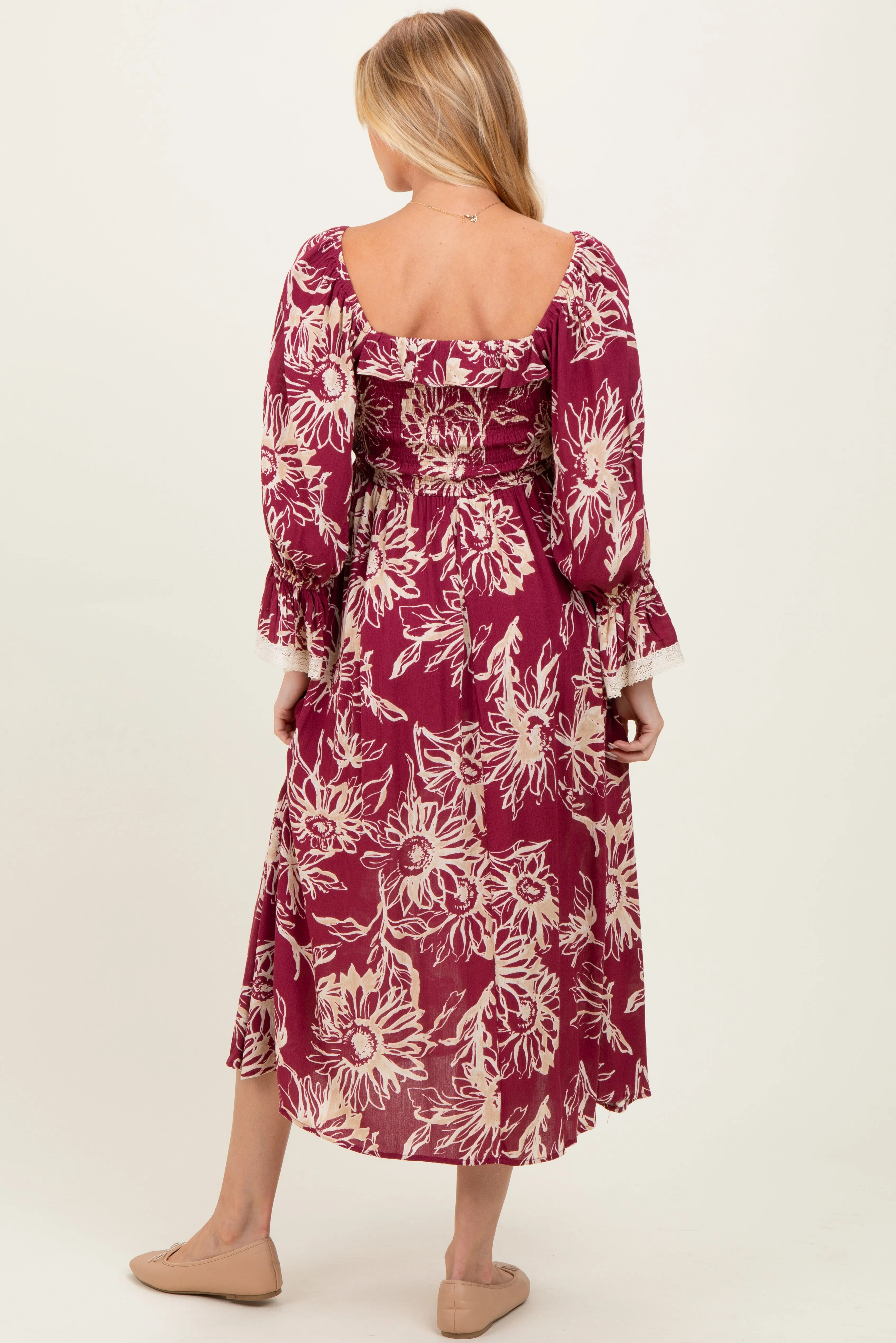 Burgundy Floral Smocked 3/4 Sleeve Maternity Midi Dress sold by Pinkblush product image thumbnail 4
