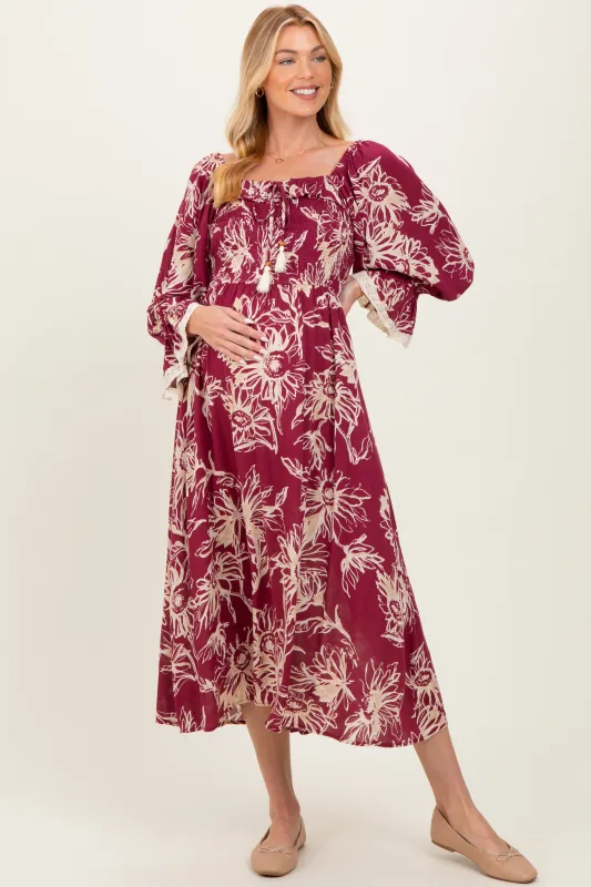 Burgundy Floral Smocked 3/4 Sleeve Maternity Midi Dress sold by Pinkblush