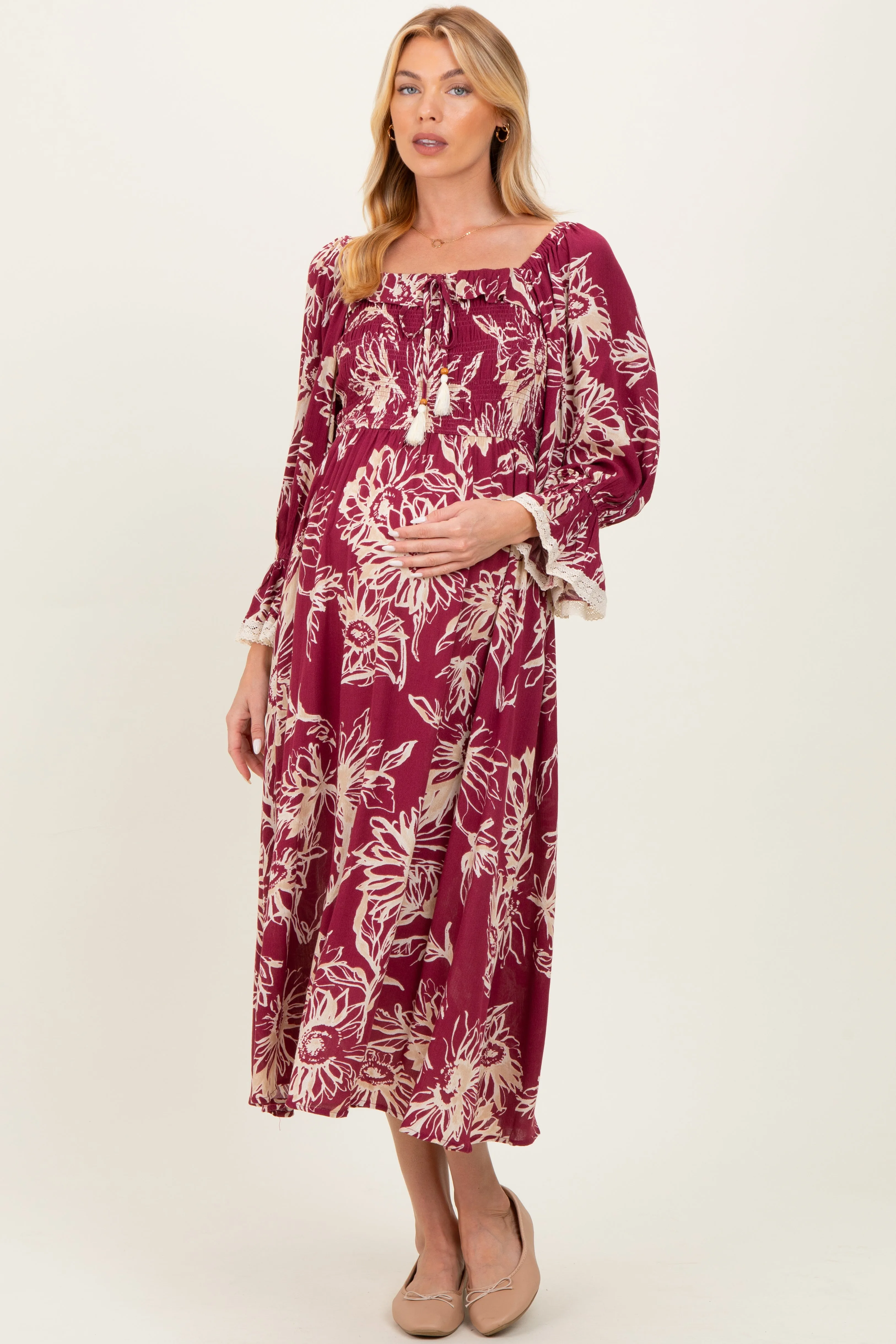 Burgundy Floral Smocked 3/4 Sleeve Maternity Midi Dress sold by Pinkblush product image thumbnail 2