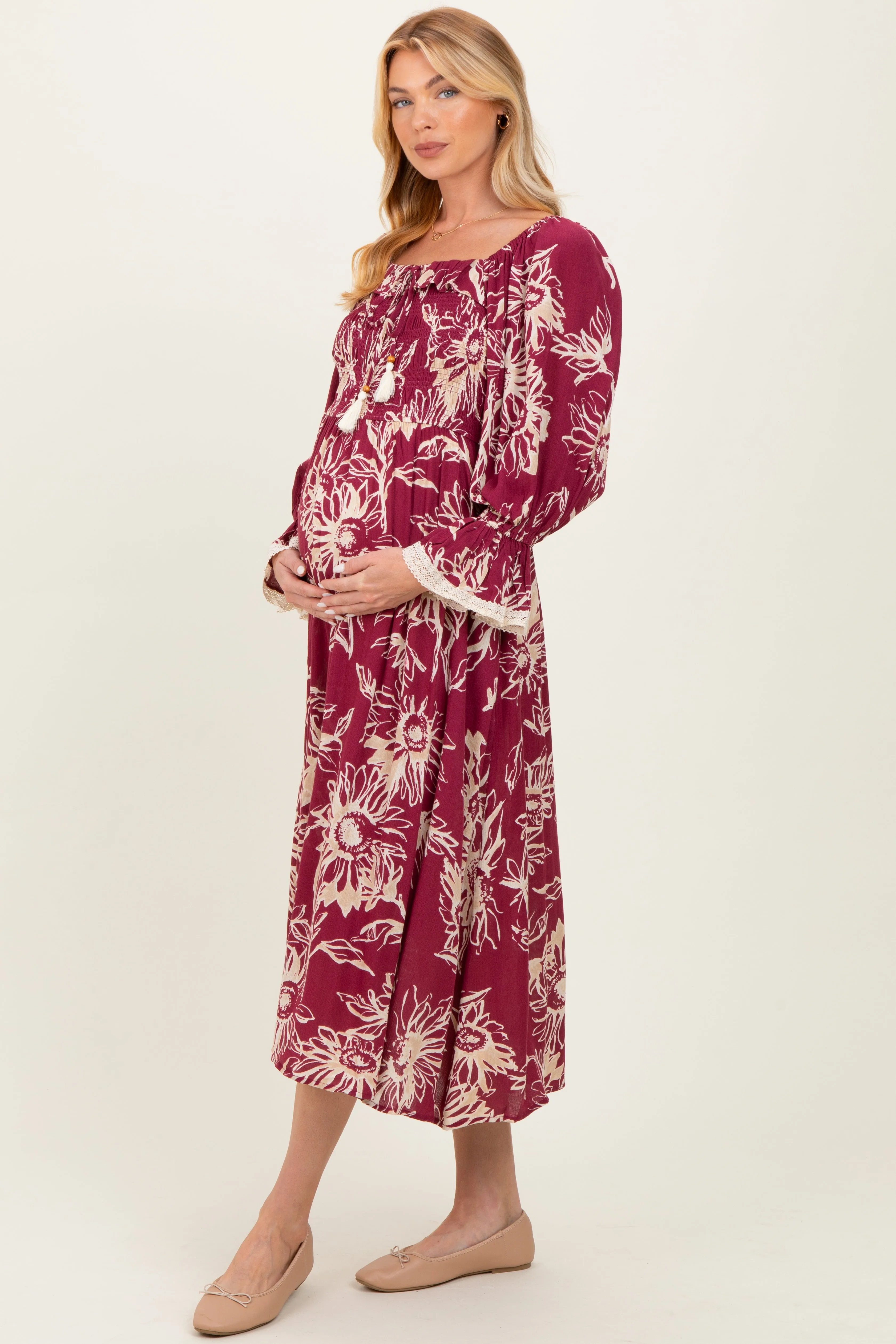 Burgundy Floral Smocked 3/4 Sleeve Maternity Midi Dress sold by Pinkblush product image thumbnail 3