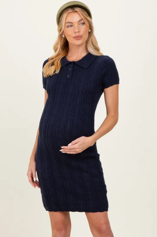 Navy Cable Knit Maternity Polo Sweater Dress sold by Pinkblush