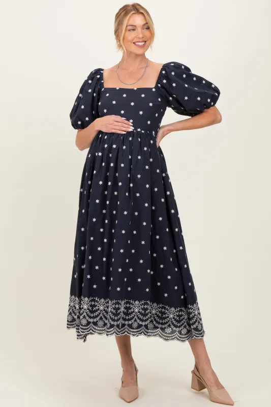 Navy Floral Embroidery Puff Sleeve Maternity Midi Dress sold by Pinkblush