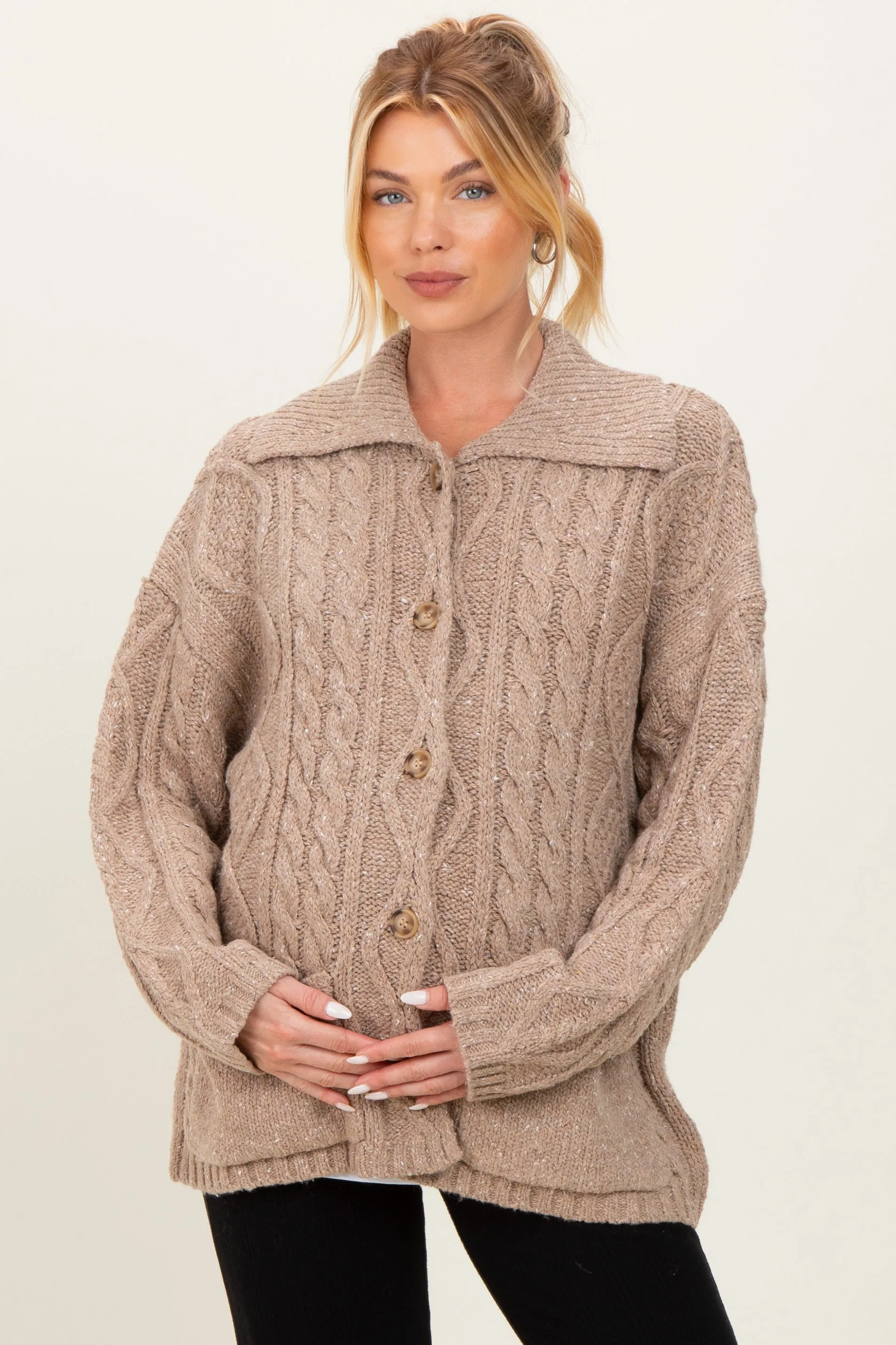 Beige Cable Knit Collared Maternity Button Up Cardigan sold by Pinkblush product image thumbnail 2
