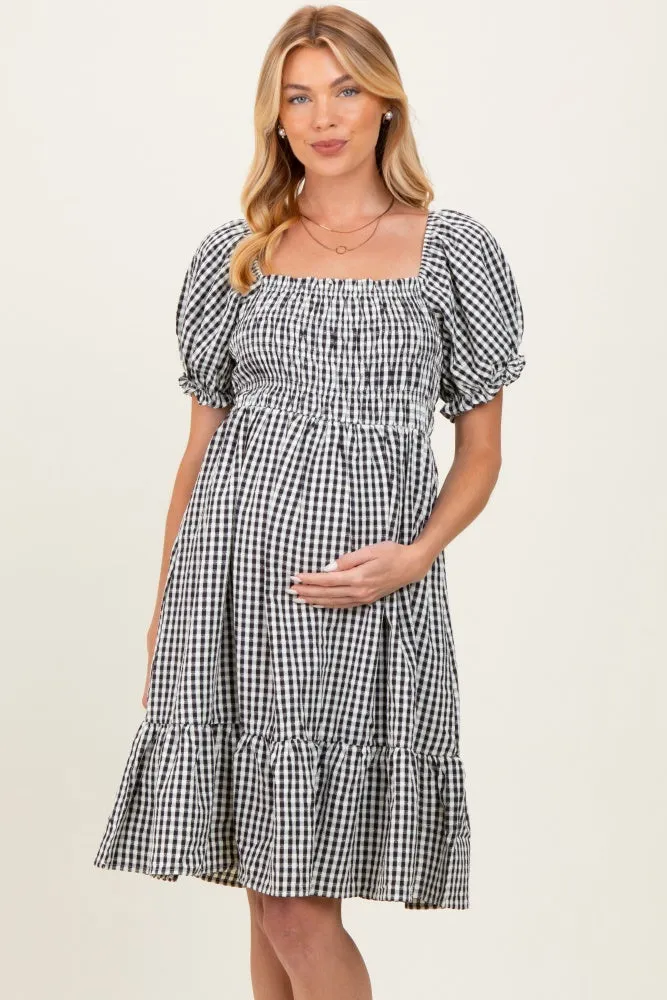 Black Gingham Smocked Puff Sleeve Maternity Dress sold by Pinkblush