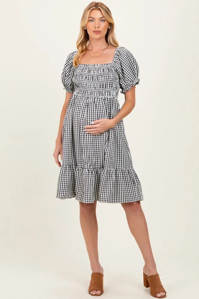 Black Gingham Smocked Puff Sleeve Maternity Dress sold by Pinkblush product image thumbnail 2