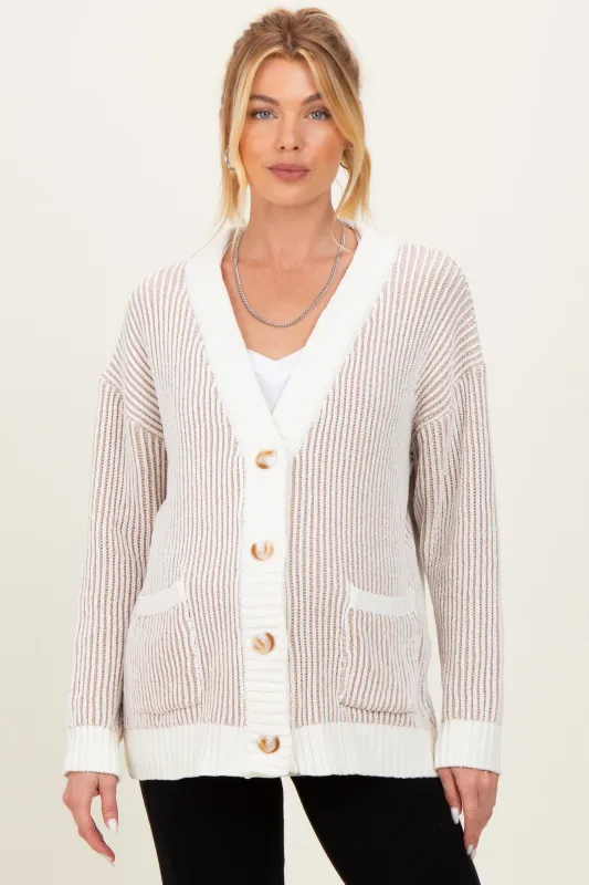 Taupe Two Tone Stripe Contrast Oversized Maternity Sweater Cardigan sold by Pinkblush