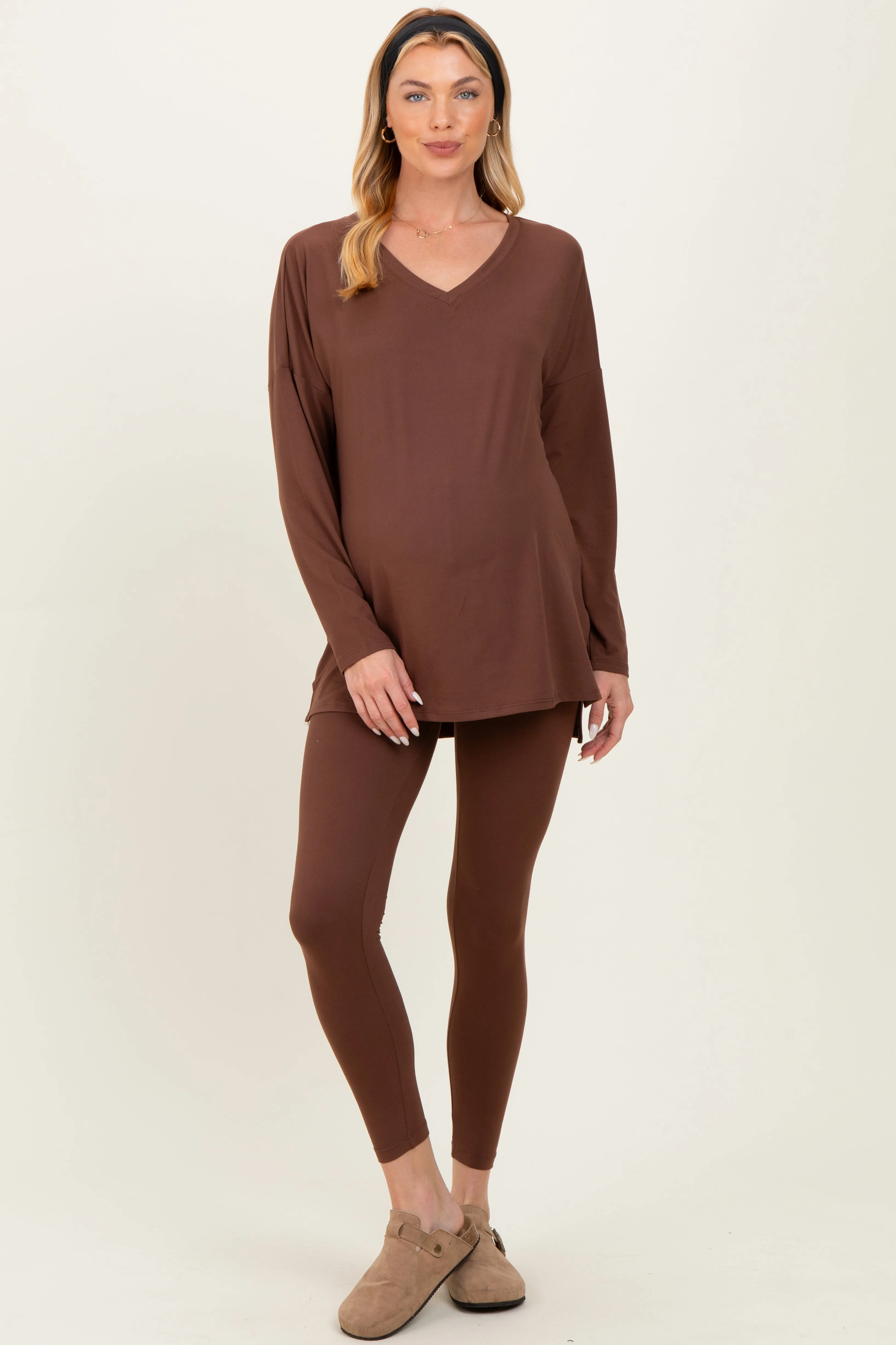 Brown Brushed Knit Maternity Oversized Top and Legging Set sold by Pinkblush