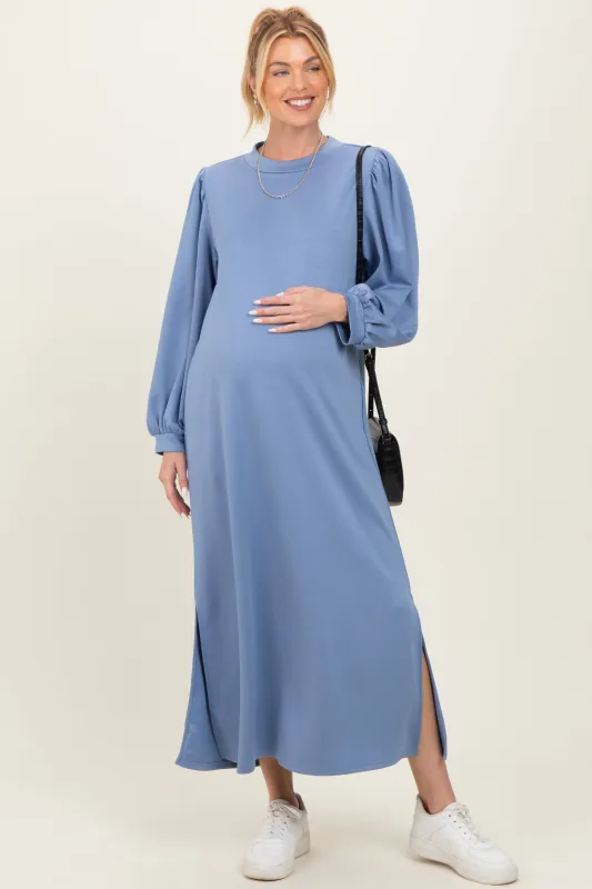 Blue Side Slit Detail Solid Maternity Midi Dress sold by Pinkblush