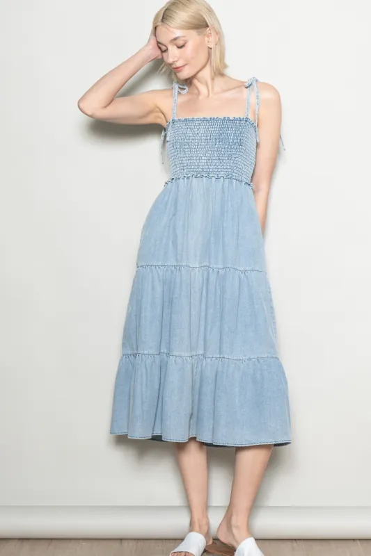 Light Blue Vintage Wash Denim Smocked Dress sold by Pinkblush