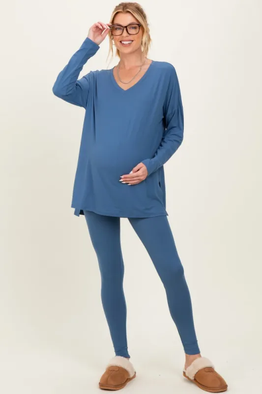 Blue Brushed Knit Maternity Oversized Top and Legging Set sold by Pinkblush