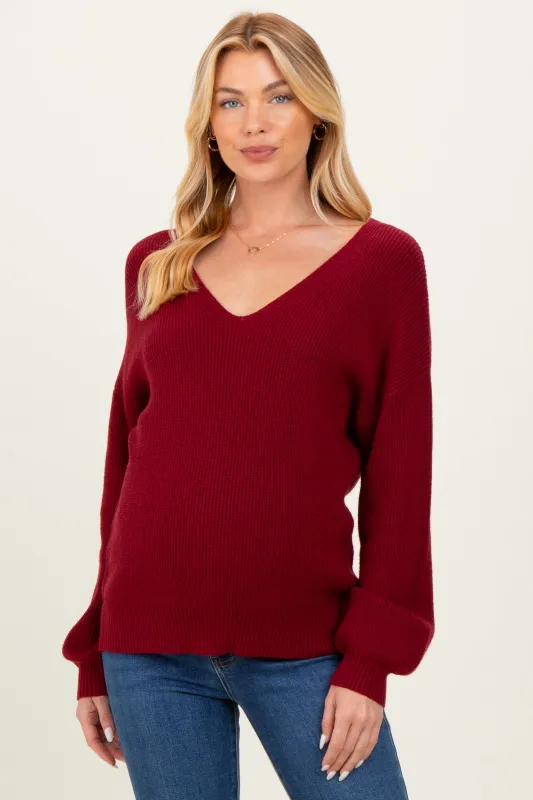 Burgundy V-Neck Drop Shoulder Back Bow Tie Detail Maternity Sweater sold by Pinkblush