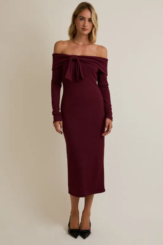 Burgundy Knit Off Shoulder Bow Detail Midi Dress sold by Pinkblush