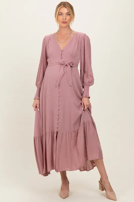 Rose Swiss Dot Button Down Maternity Maxi Dress sold by Pinkblush