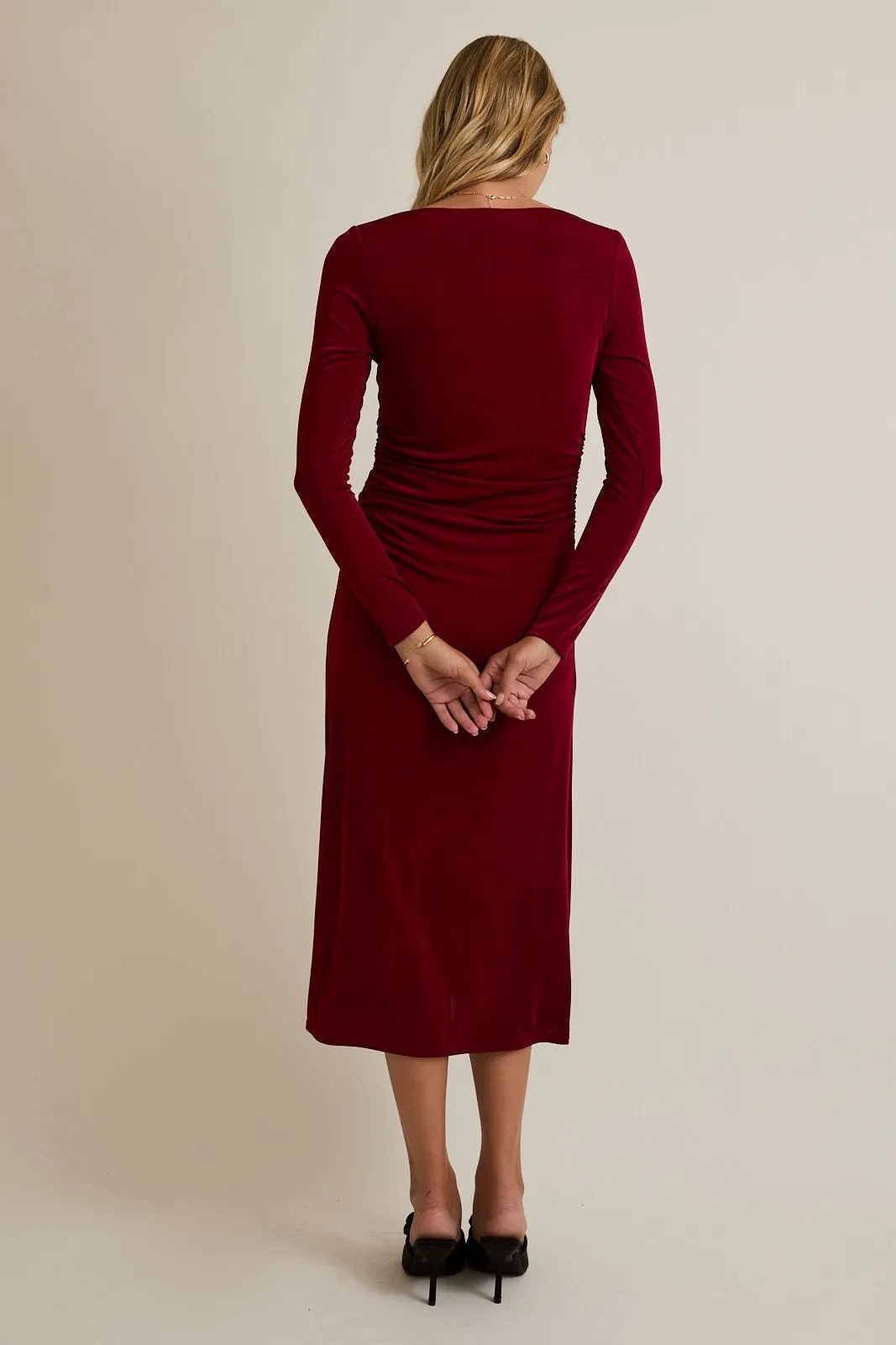 Burgundy Square Neck Long Sleeve Ruched Midi Dress sold by Pinkblush product image thumbnail 4