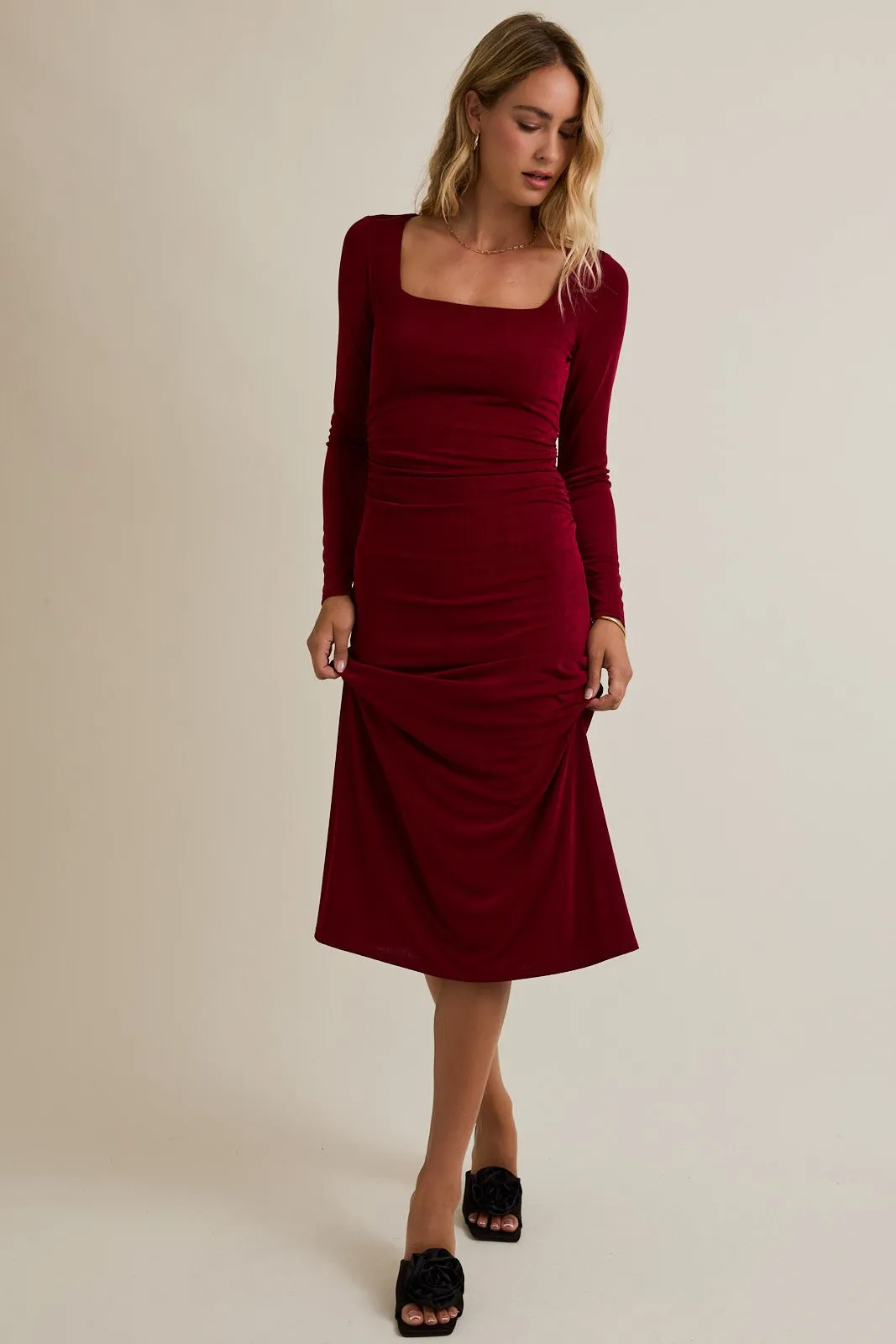 Burgundy Square Neck Long Sleeve Ruched Midi Dress sold by Pinkblush