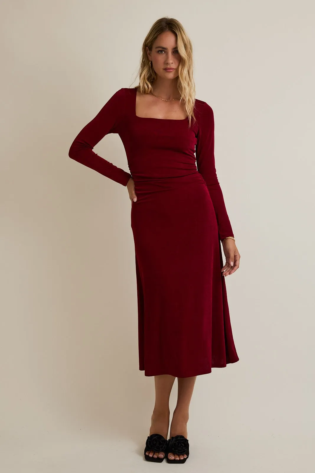 Burgundy Square Neck Long Sleeve Ruched Midi Dress sold by Pinkblush product image thumbnail 2