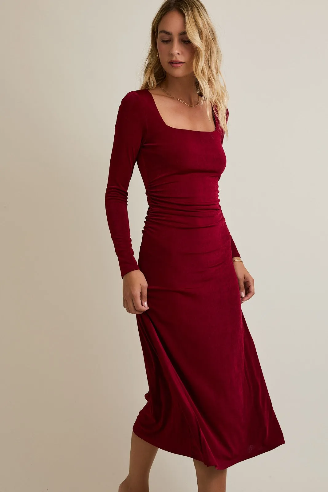 Burgundy Square Neck Long Sleeve Ruched Midi Dress sold by Pinkblush product image thumbnail 3