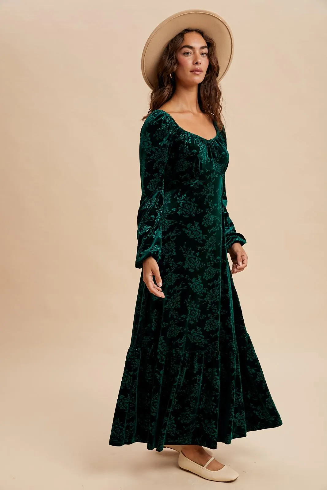 Emerald Green Velvet Jacquard Floral Maxi Dress sold by Pinkblush product image thumbnail 3
