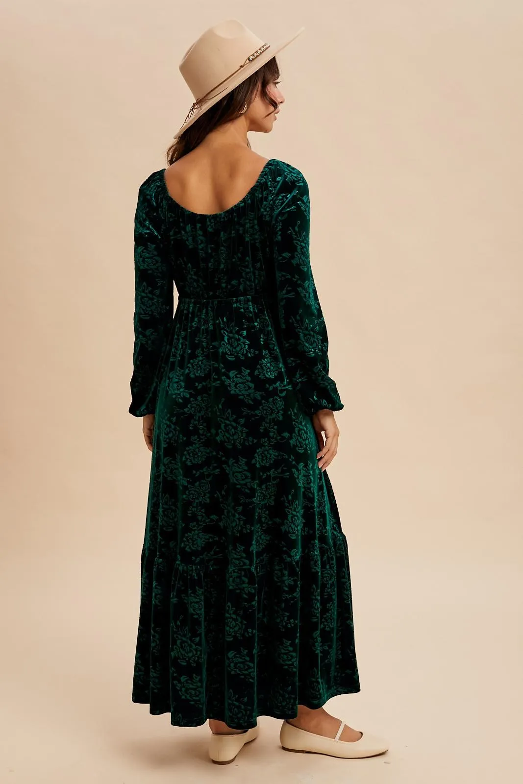 Emerald Green Velvet Jacquard Floral Maxi Dress sold by Pinkblush product image thumbnail 4