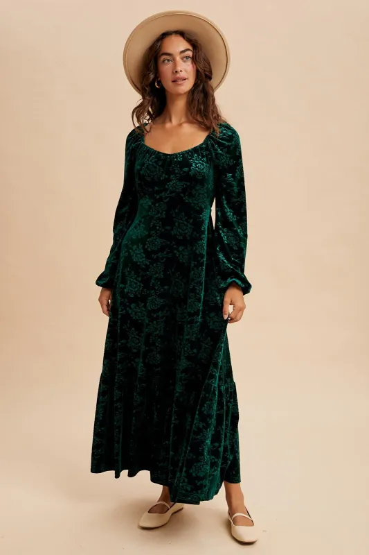 Emerald Green Velvet Jacquard Floral Maxi Dress sold by Pinkblush