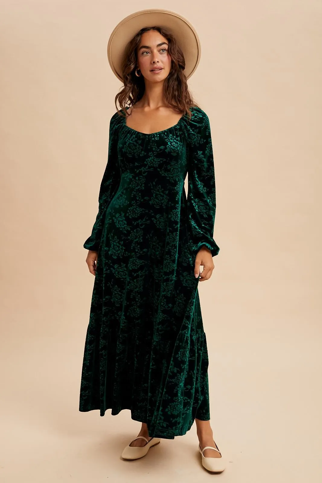 Emerald Green Velvet Jacquard Floral Maxi Dress sold by Pinkblush