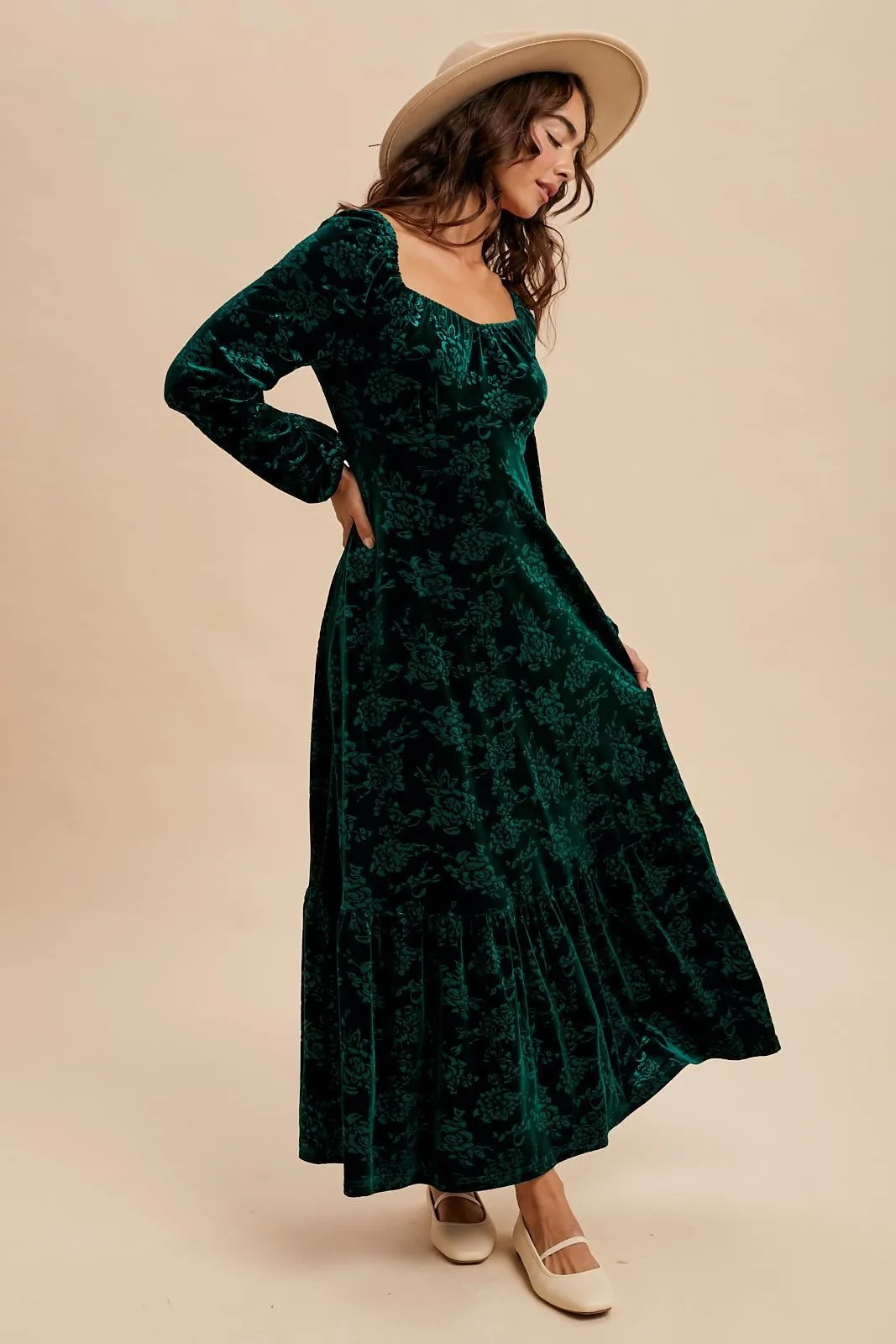 Emerald Green Velvet Jacquard Floral Maxi Dress sold by Pinkblush product image thumbnail 2