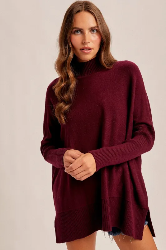 Burgundy Mock Neck Oversized Sir Slit Sweater Top sold by Pinkblush