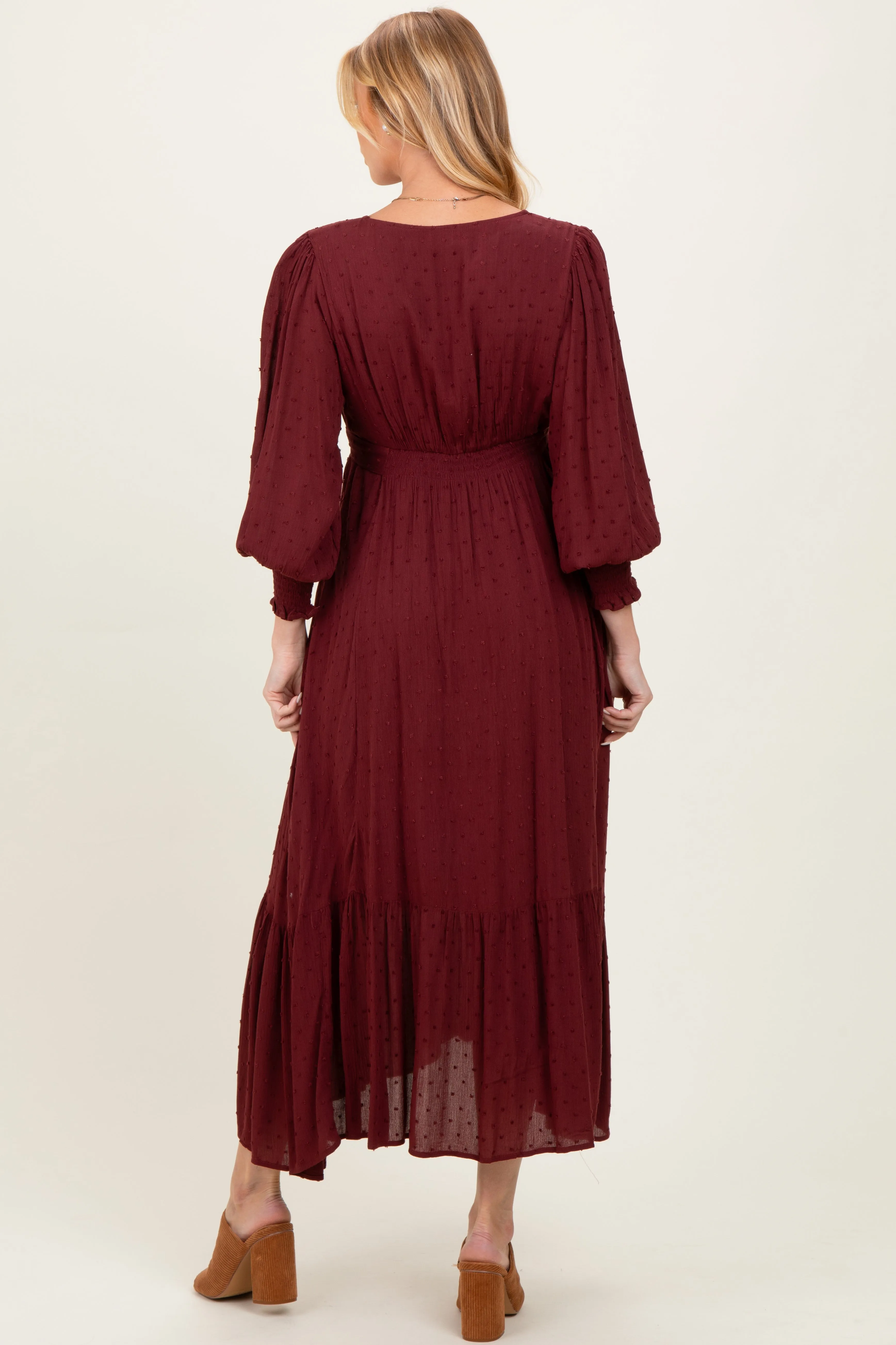 Burgundy Swiss Dot Button Down Maternity Maxi Dress sold by Pinkblush product image thumbnail 4